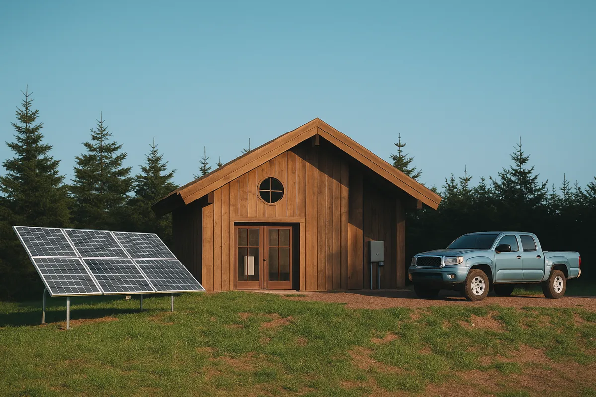 Wooden off-grid cabin with ground-mounted solar panels and a parked pickup truck, surrounded by evergreen trees in a rural, forested setting.