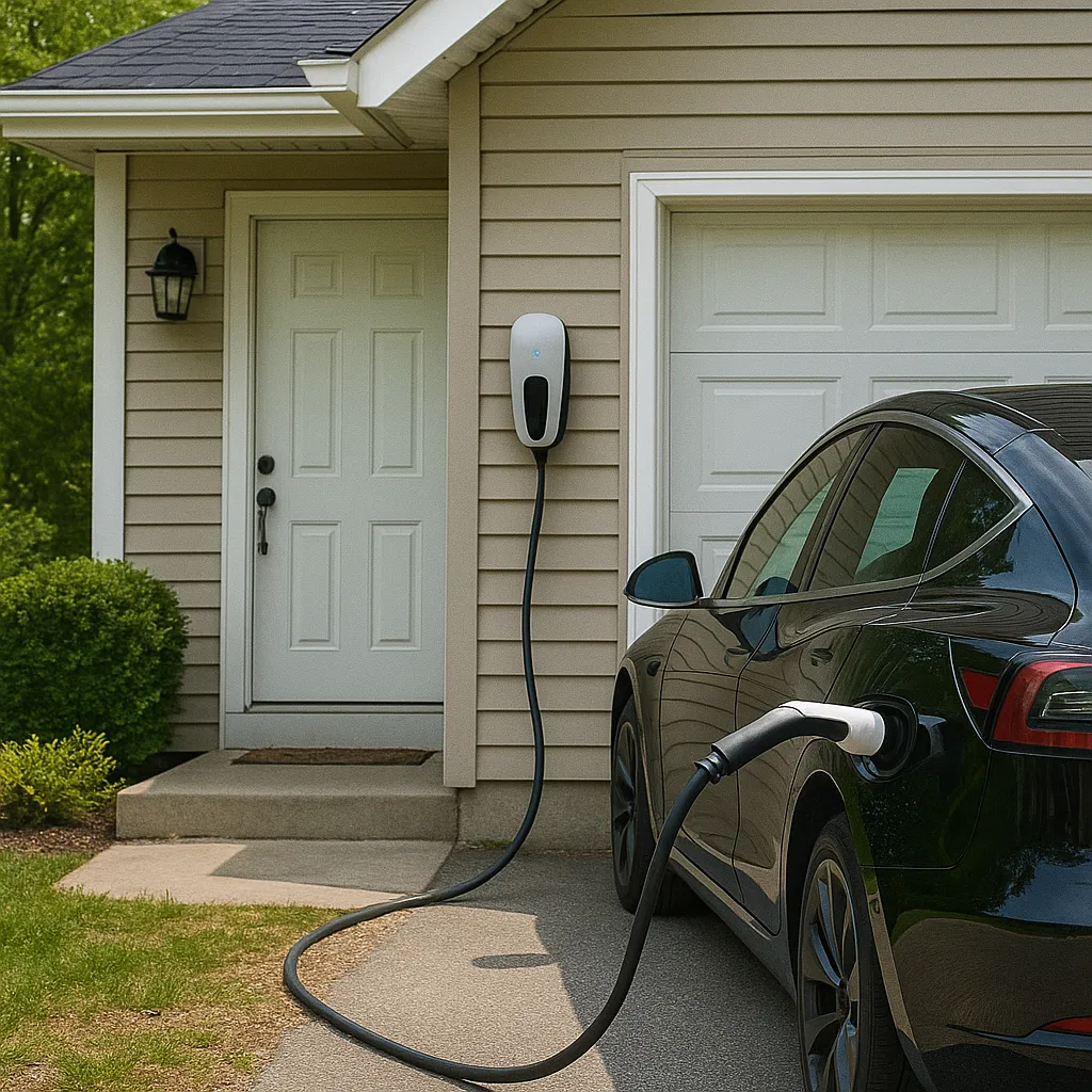 Electric vehicle charging at a wall-mounted charger installed on the exterior of a suburban home near the garage and front door.