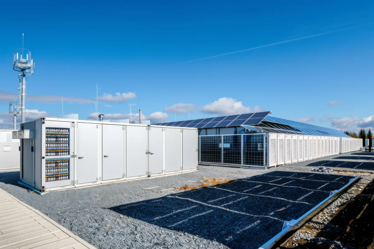 Industrial solar and battery energy storage facility featuring solar panels, inverter cabinets, and secure battery enclosures under a clear blue sky.
