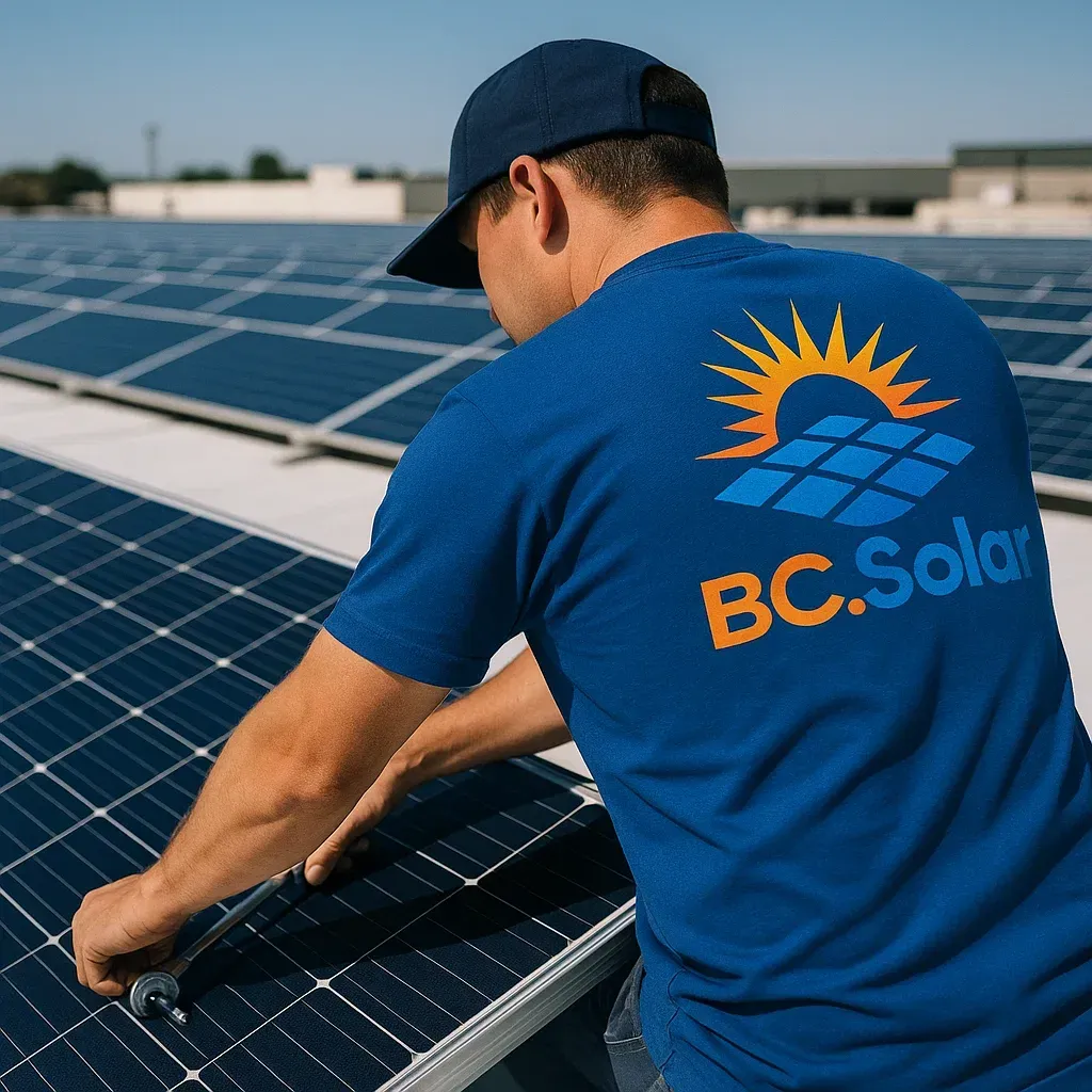 BC Solar technician in a branded shirt performing maintenance on rooftop solar panels, ensuring secure installation and optimal system performance.