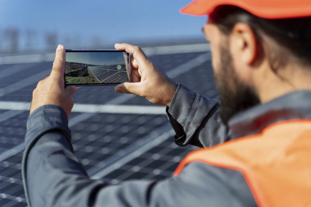 Solar technician in a safety vest and cap taking a photo of a solar panel array using a smartphone during a site inspection.