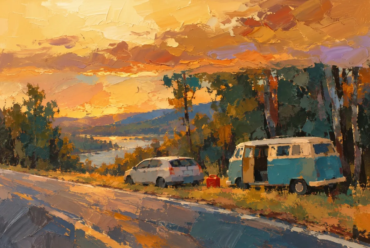 Impressionistic painting of a man pouring gas into a car beside a VW bus at sunset, as another man and a dog look on.