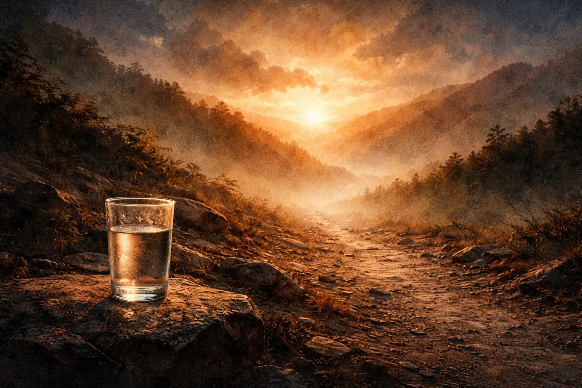 Impressionistic landscape of a quiet mountain path at sunrise, with a single glass of water in the foreground and warm light breaking through the horizon, symbolizing discipline, stillness, and self-reflection.