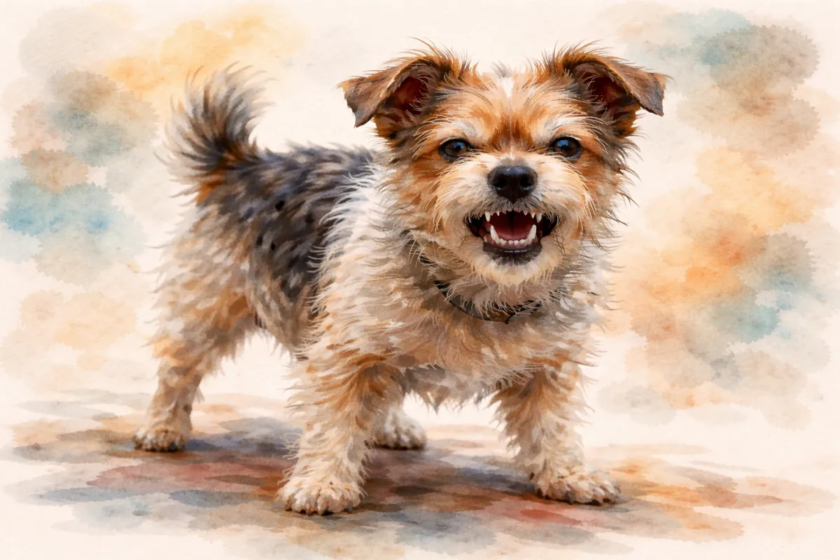 Impressionistic watercolor of a small scruffy terrier standing in a soft, abstract background, baring its teeth in a slight snarl while still appearing endearing.