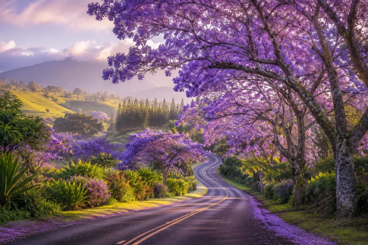 A winding road in upcountry Maui lined with blooming jacaranda trees, their purple-violet flowers canopying overhead, lush green hills and soft morning light in the background