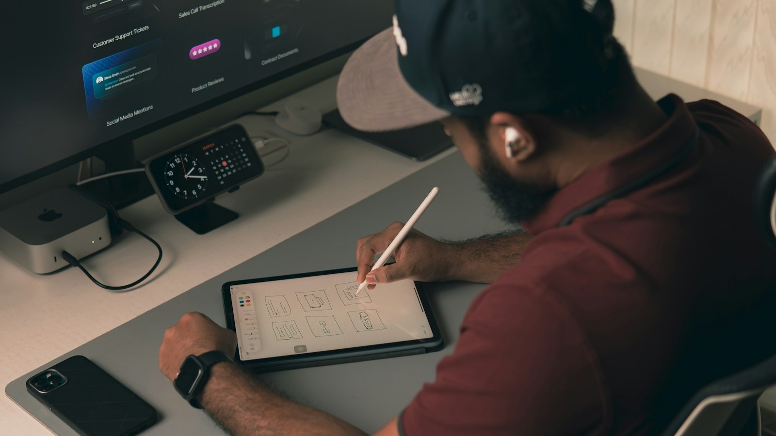 Designer working on AI automation and digital marketing workflows for small business.