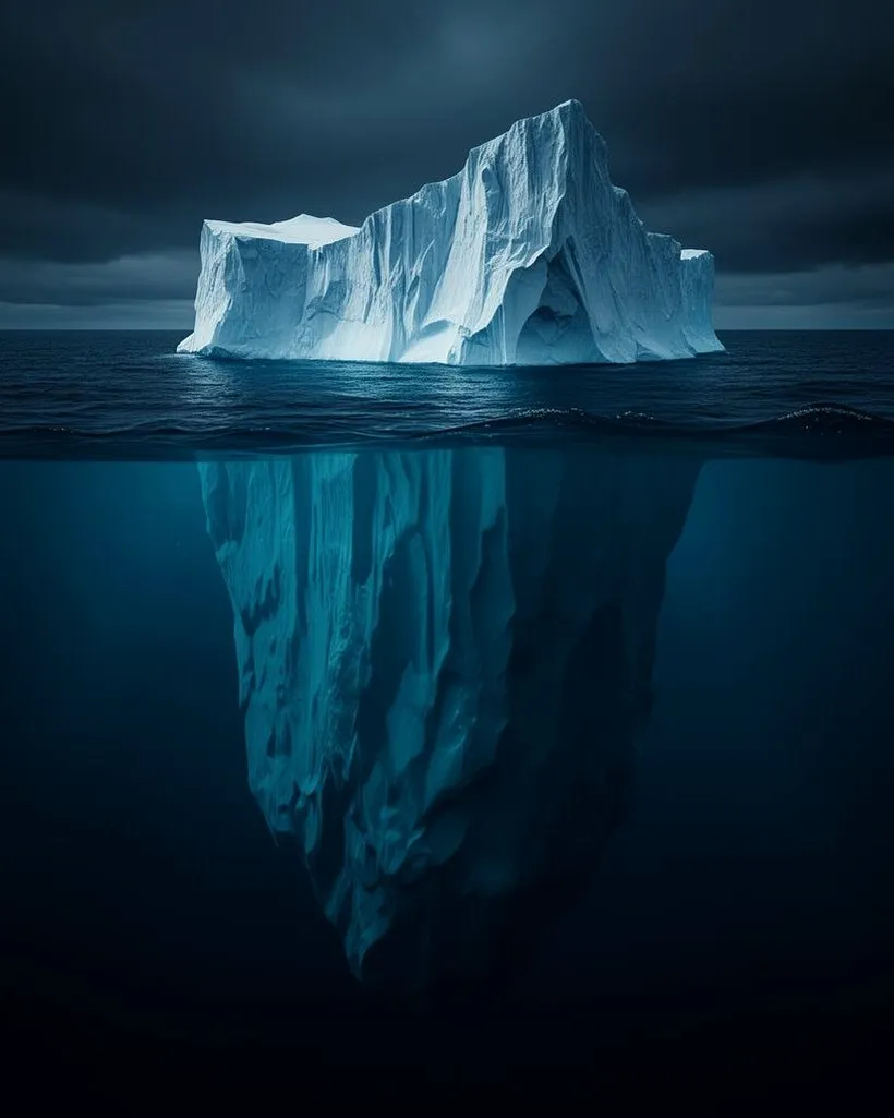 Iceberg visto em corte: a parte acima da água é pequena, a massa submersa é muito maior
