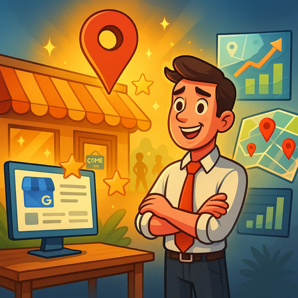 Illustration of a confident marketing professional standing in front of a storefront and analytics charts, surrounded by Google Maps pins, 5-star ratings, and a Google Business Profile interface. Represents strategic local SEO services to boost map rankings and customer visibility.