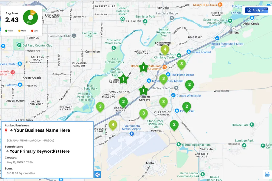 Local SEO ranking map showing Google Maps positions for a client business in their target area.