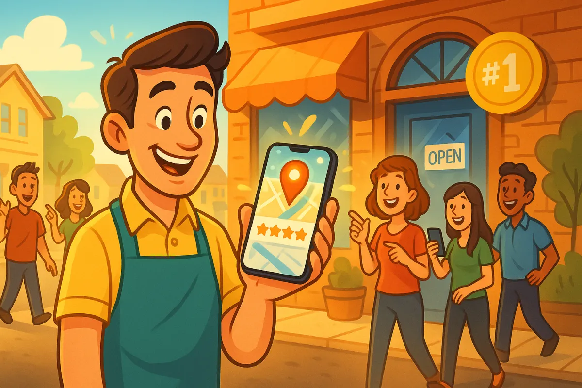 Illustration of a happy small business owner proudly viewing their #1 Google Maps ranking on a smartphone, surrounded by smiling customers outside their storefront. Highlights the impact of local SEO, Google Business Profile optimization, and increased customer engagement.