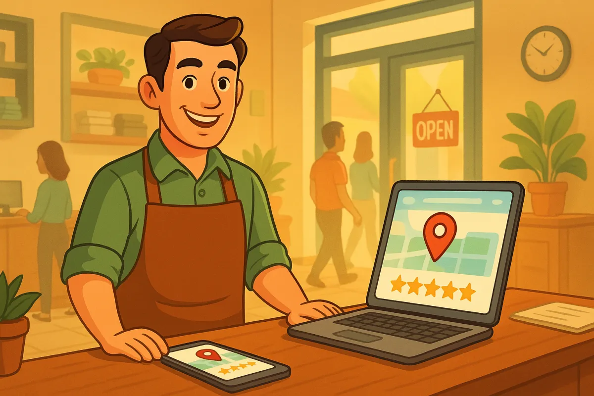 Illustration of a smiling business owner standing behind the counter with a laptop and smartphone, both displaying a Google Maps pin and five-star reviews. Symbolizes effective local SEO, enhanced Google Business Profile rankings, and increased customer visibility.