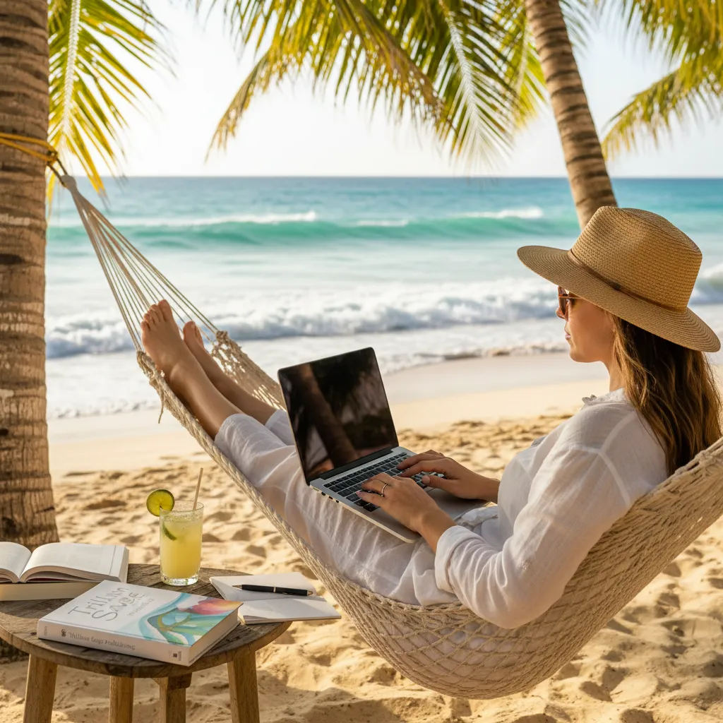 Business coach brainstorming how to turn expertise into a book, sitting in a hammock on vacation