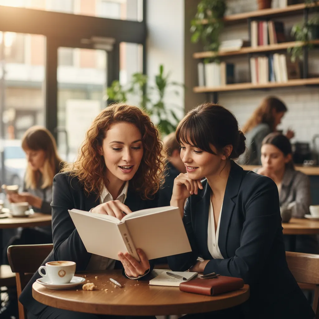 Two professional women in a mastermind meeting, brainstorming ideas for a thought leadership book that will launch their movement.