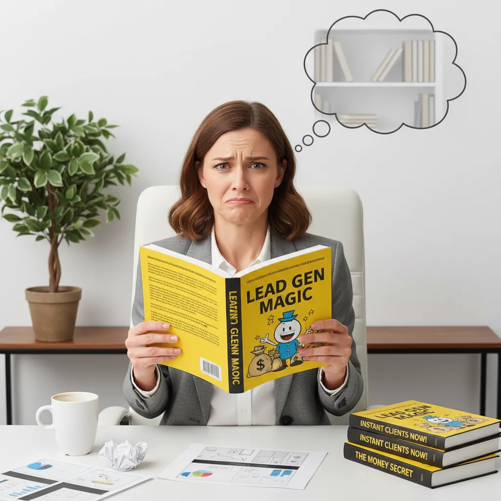 A frustrated business owner looking at a manuscript, highlighting a common mistake in writing a book for lead generation.