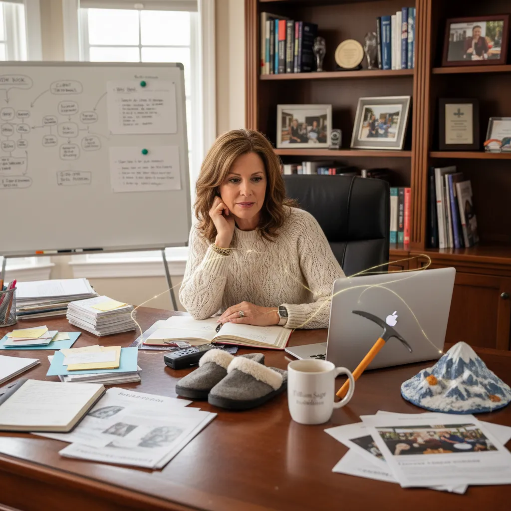 Woman sitting at desk with material in front of her