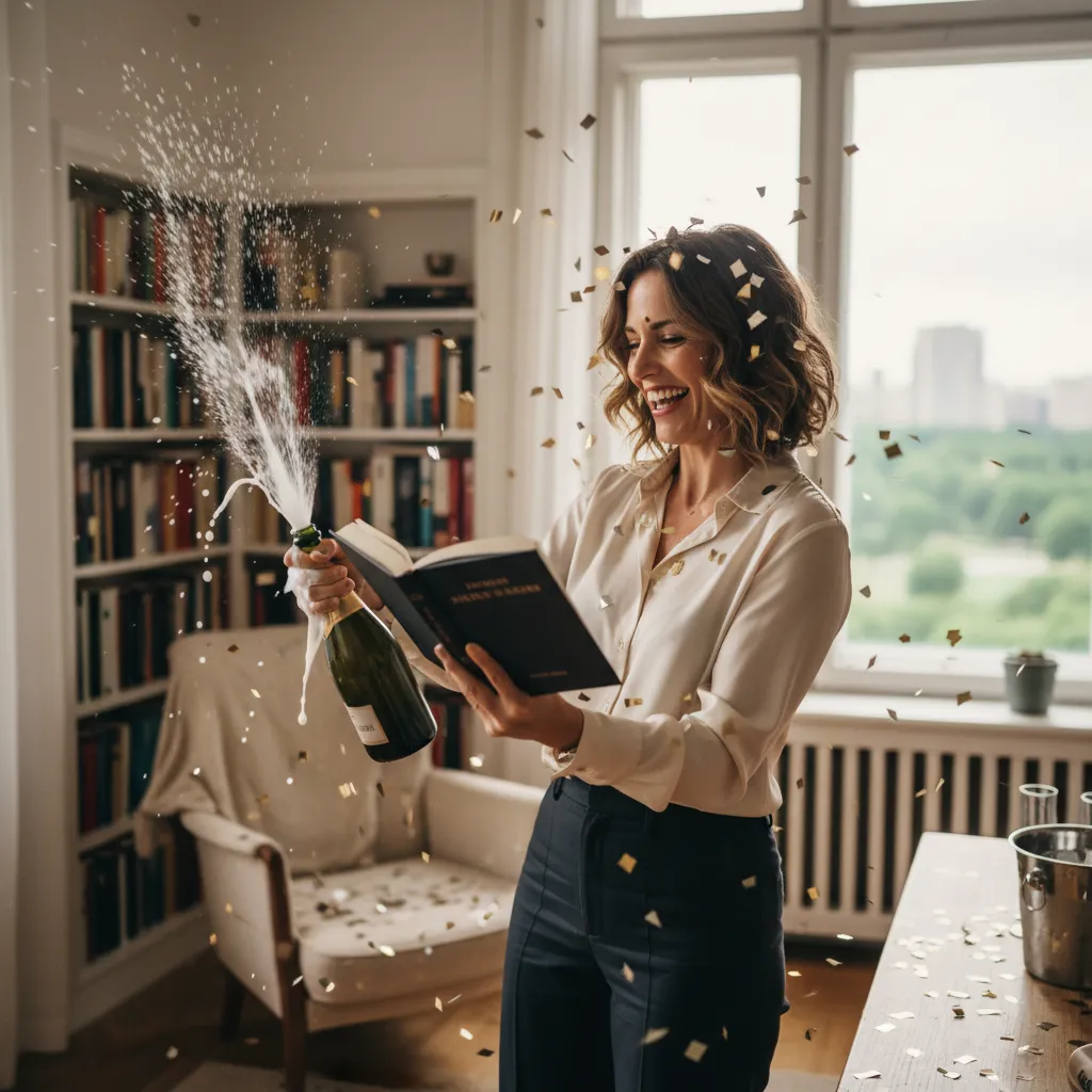 A business author celebrating the launch of their new book with a pop of champagne, wondering 'now what?' after publishing.