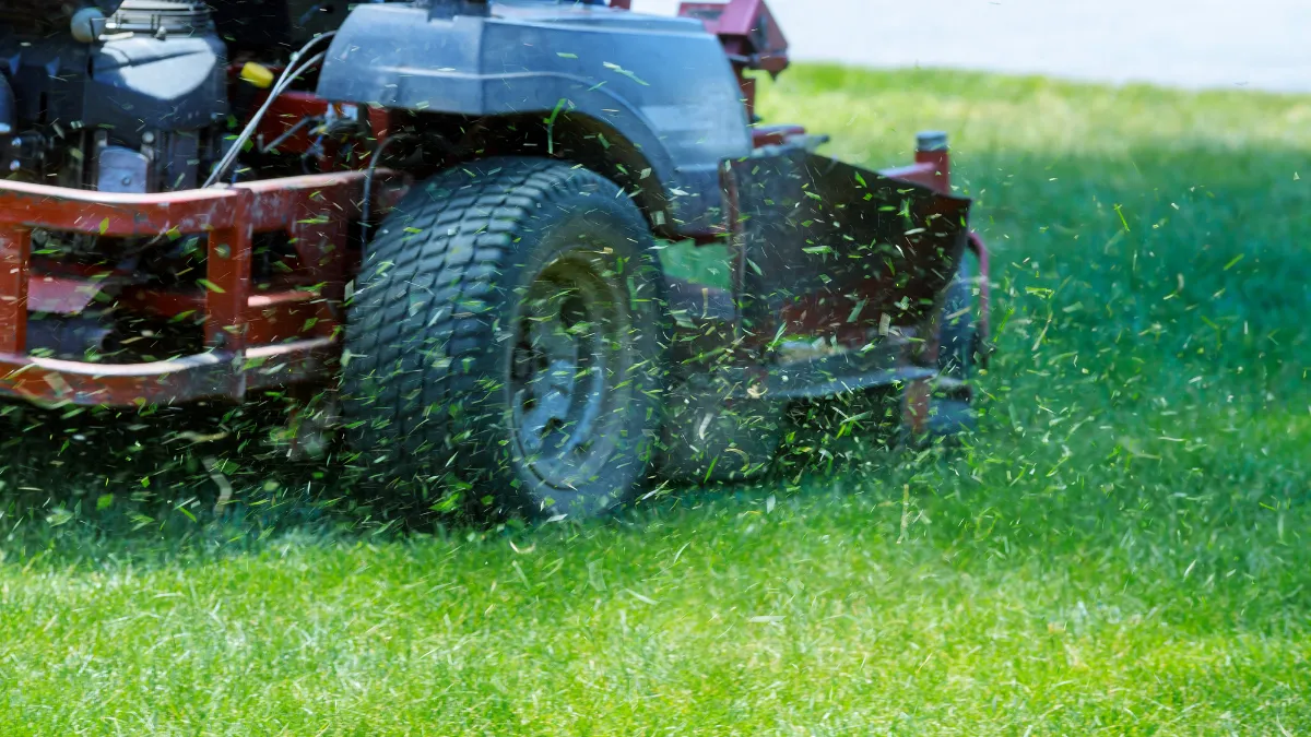 Perfect Trim lawn mowing service in Antioch TN with riding mower cutting grass and green clippings flying