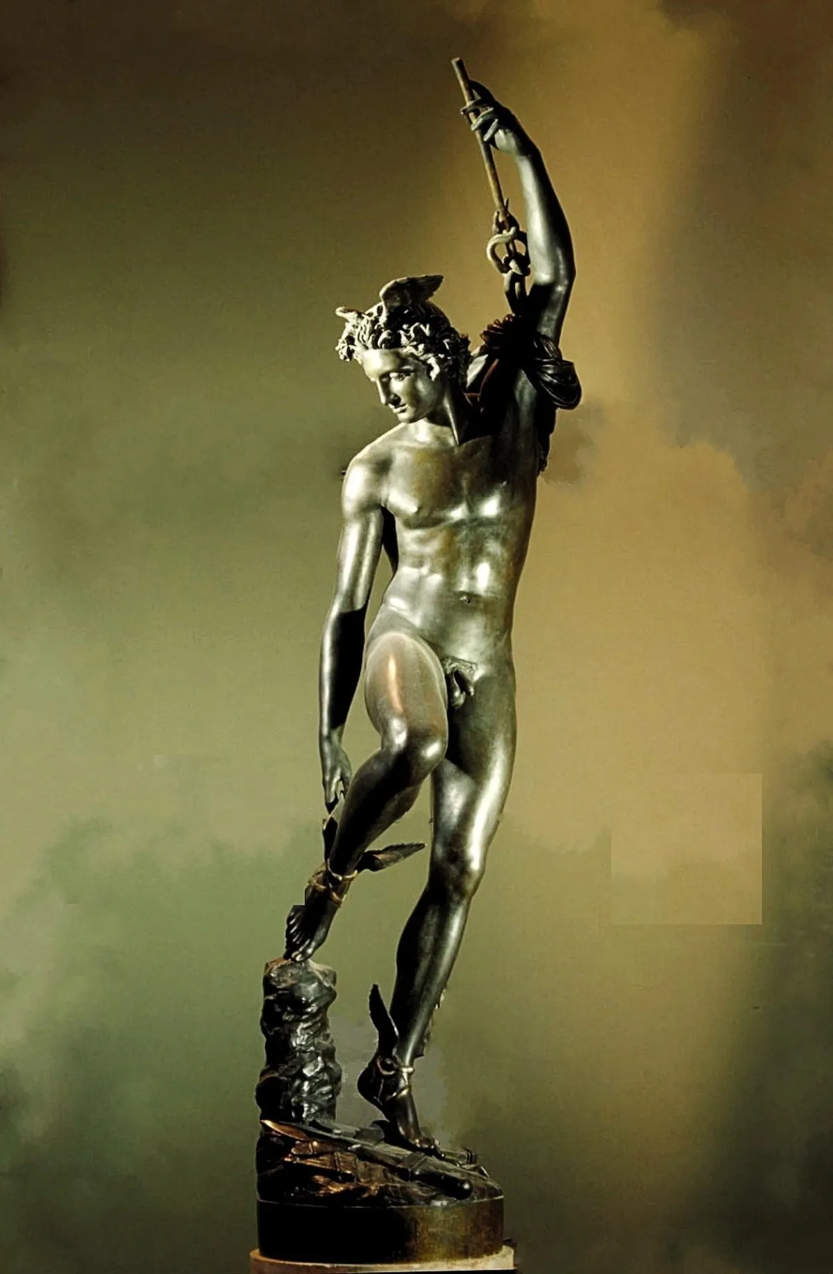 Hermes binding his sandals after having killed Argos. Bronze cast by Soyer and Ingé in 1834.
