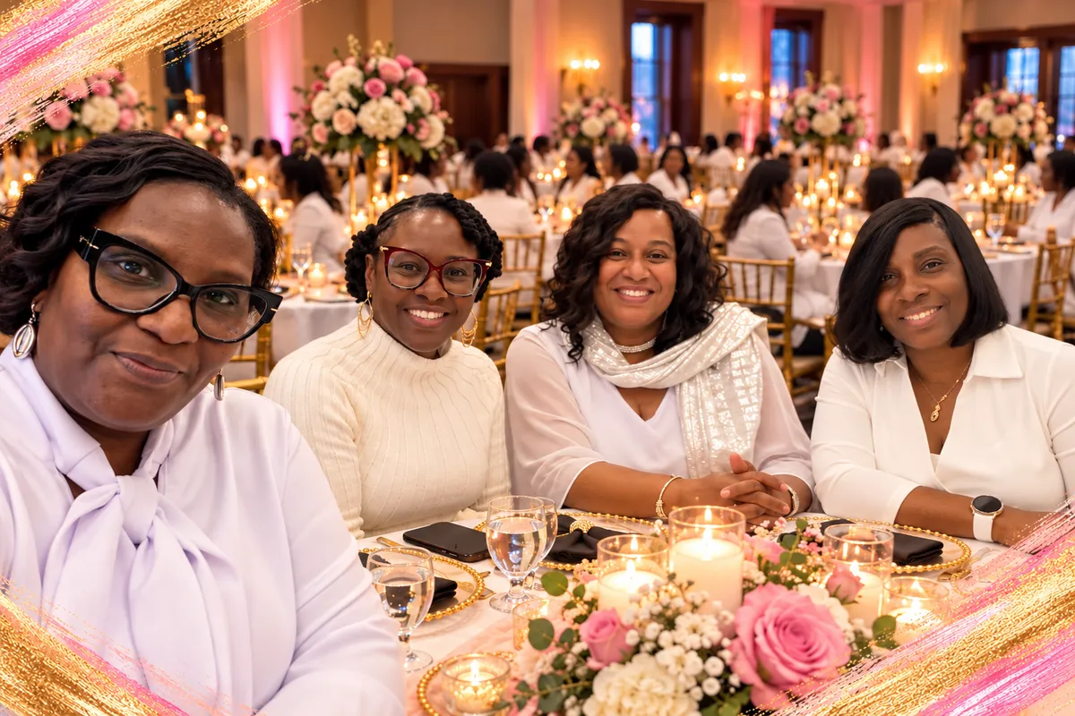 Group photo of smiling women at a brunch event, sitting around a table with floral centerpieces