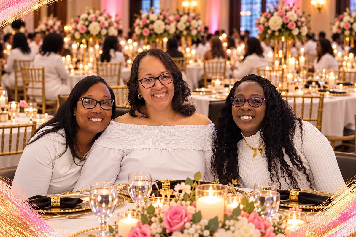 Group photo of smiling women at a brunch event, sitting around a table with floral centerpieces