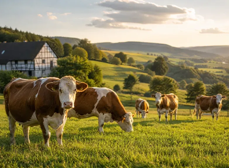 Weidevieh auf grüner Wiese
