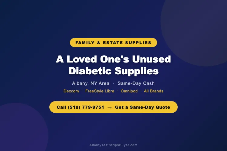 Cash for Test Strips Albany cover graphic — unused diabetic supplies from a loved one, cash same day, no paperwork