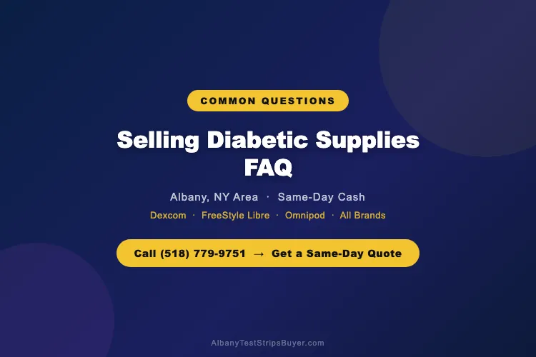 Cash for Test Strips Albany cover graphic — frequently asked questions about selling diabetic supplies for cash