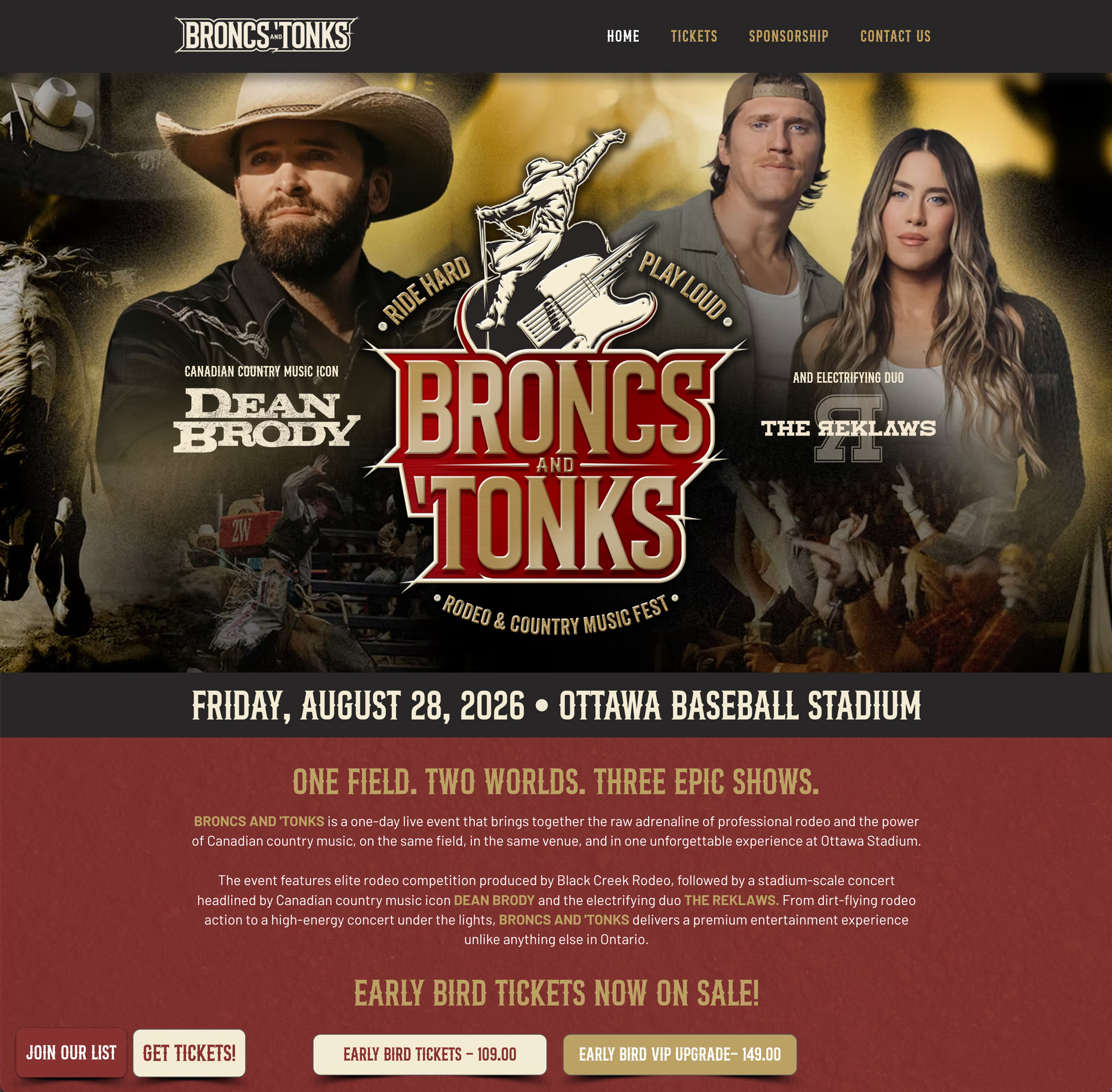 Broncs And ’Tonks 2026 event lineup featuring Dean Brody and The Reklaws