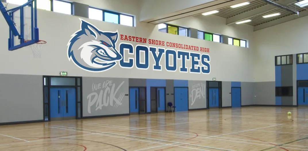Eastern Shore Consolidated Coyotes gymnasium branding and school spirit graphics
