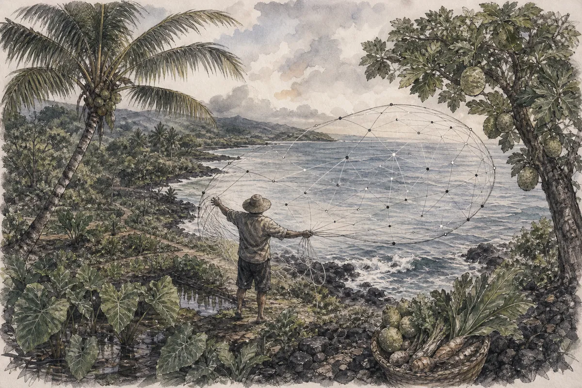 Fisherman casting a traditional Hawaiian throw net over water, illustrated as a connected network, with kalo and ʻulu in the foreground.