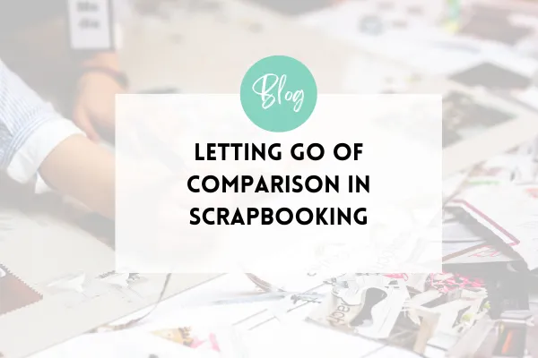 Woman creating scrapbook page at craft table