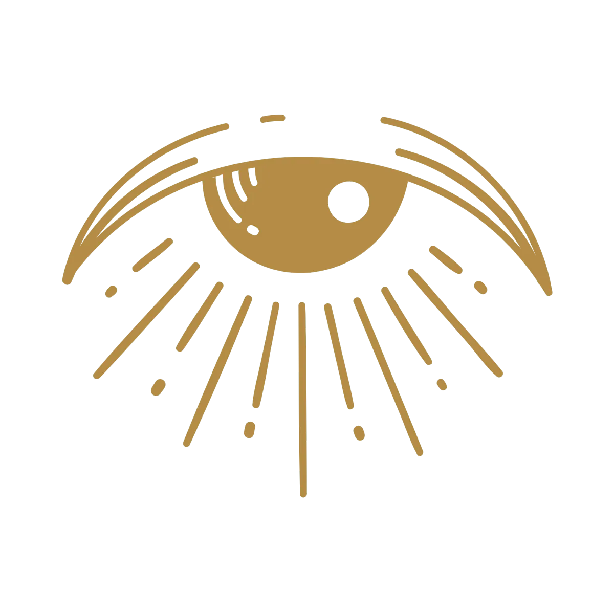 Gold eye icon with radiant light beams representing clarity, perception, intuition, conscious awareness, and spiritual vision.