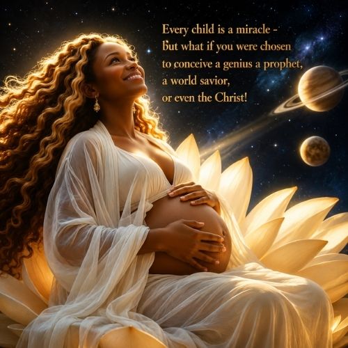 Pregnant woman surrounded by divine light representing womb empowerment, conscious conception, and sacred motherhood.