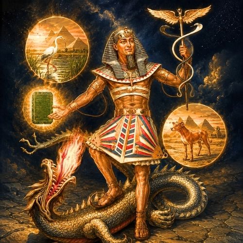 Sacred artwork depicting an ancient Egyptian initiate holding symbolic emblems of wisdom, prosperity, and spiritual power.