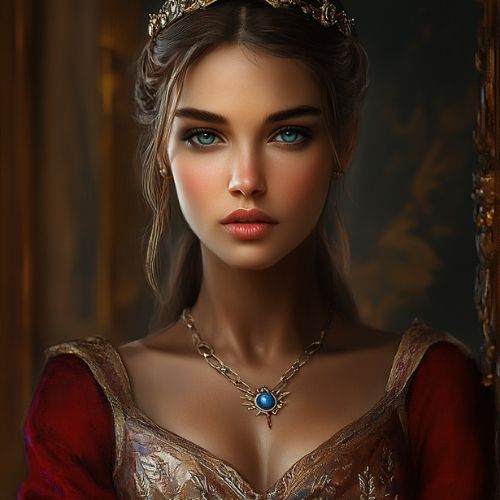 Elegant woman in regal attire representing sacred femininity, refinement, personal mastery, and conscious evolution.