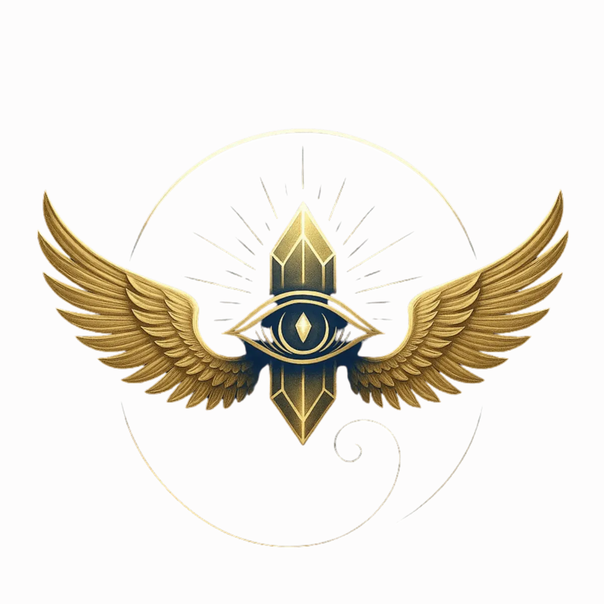 Gold and blue Ascension Knowledge logo featuring a sacred eye symbol with wings, geometric crystal design, and radiant spiritual elements representing consciousness, transformation, protection, and higher awareness.
