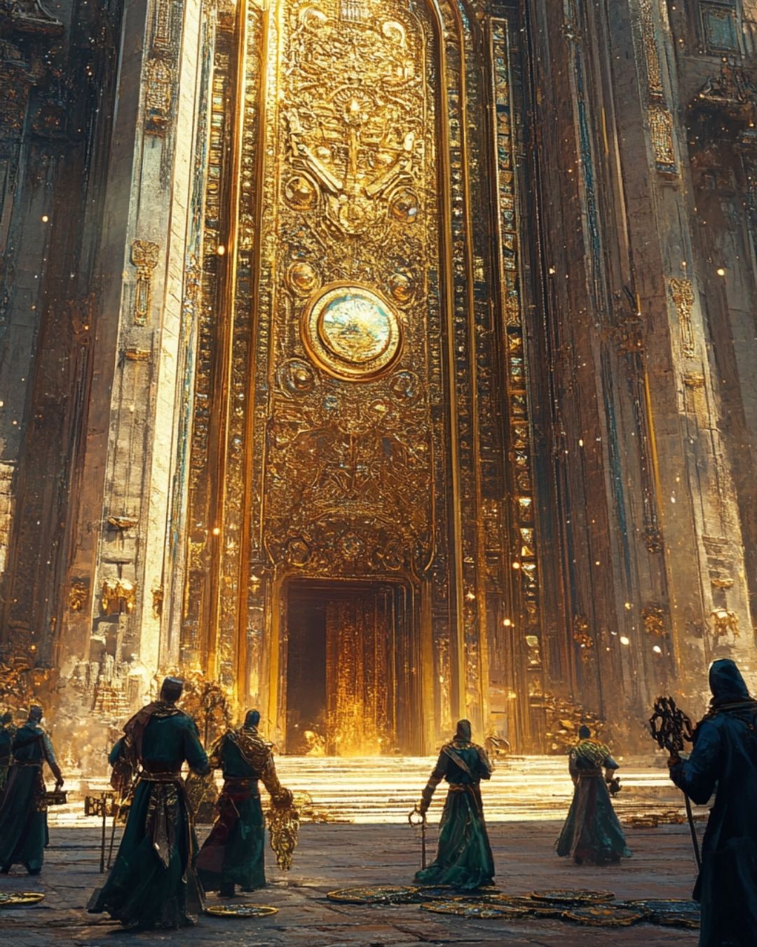 Mystical golden temple entrance surrounded by robed figures and ancient architectural details representing sacred knowledge, spiritual initiation, Divine power, and higher consciousness.