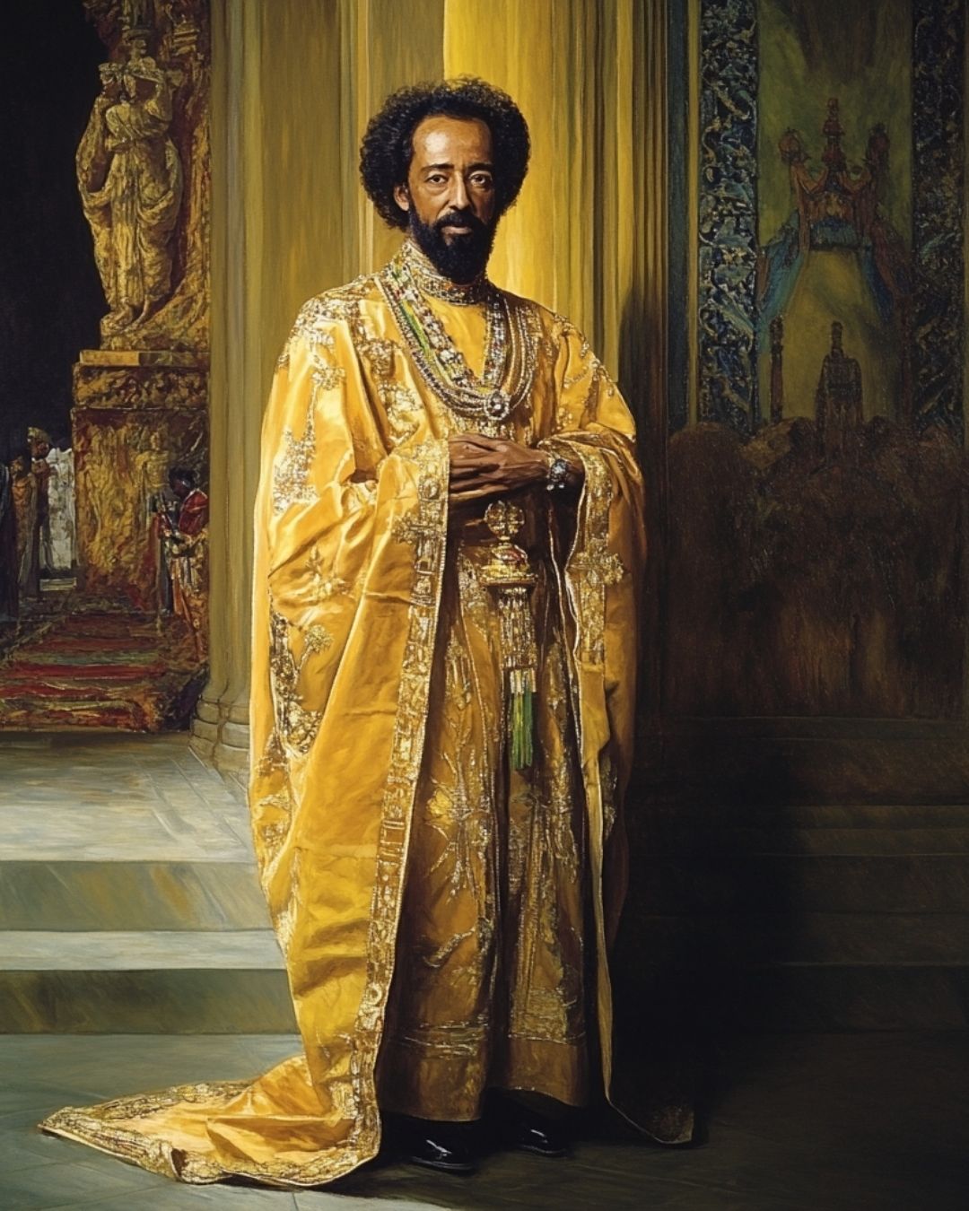 Portrait of a regal spiritual leader wearing ornate golden ceremonial robes and sacred jewelry inside a grand palace setting symbolizing wisdom, leadership, Divine authority, and spiritual royalty.