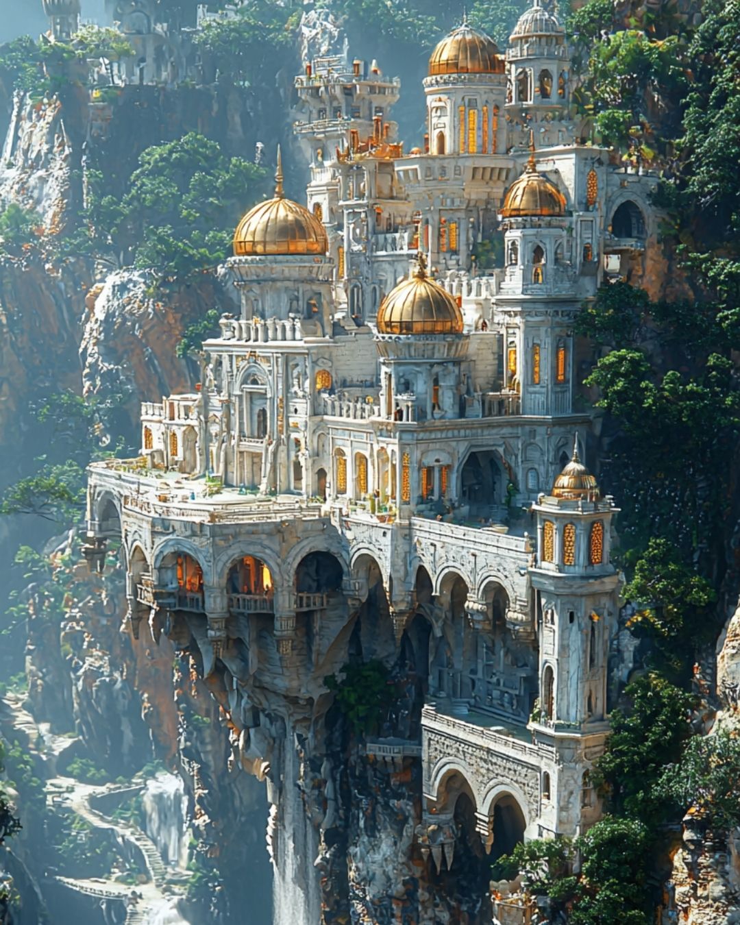 Majestic white and gold temple city built into towering cliffs surrounded by lush greenery, symbolizing higher consciousness, spiritual enlightenment, sacred wisdom, and Divine architecture.