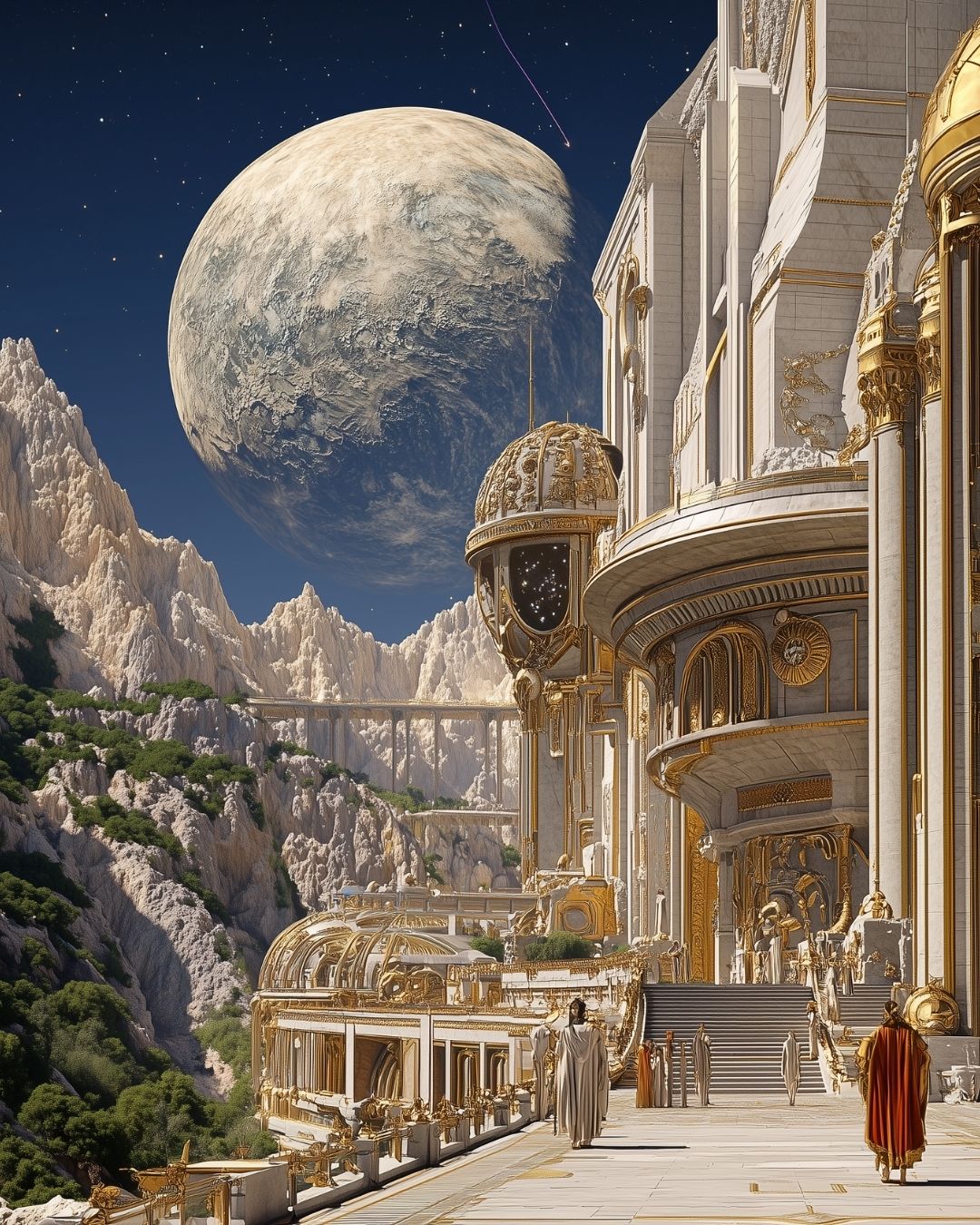 Sacred celestial architecture beneath a cosmic sky symbolizing spiritual ascension, Divine Kingdom, and higher realms of consciousness.