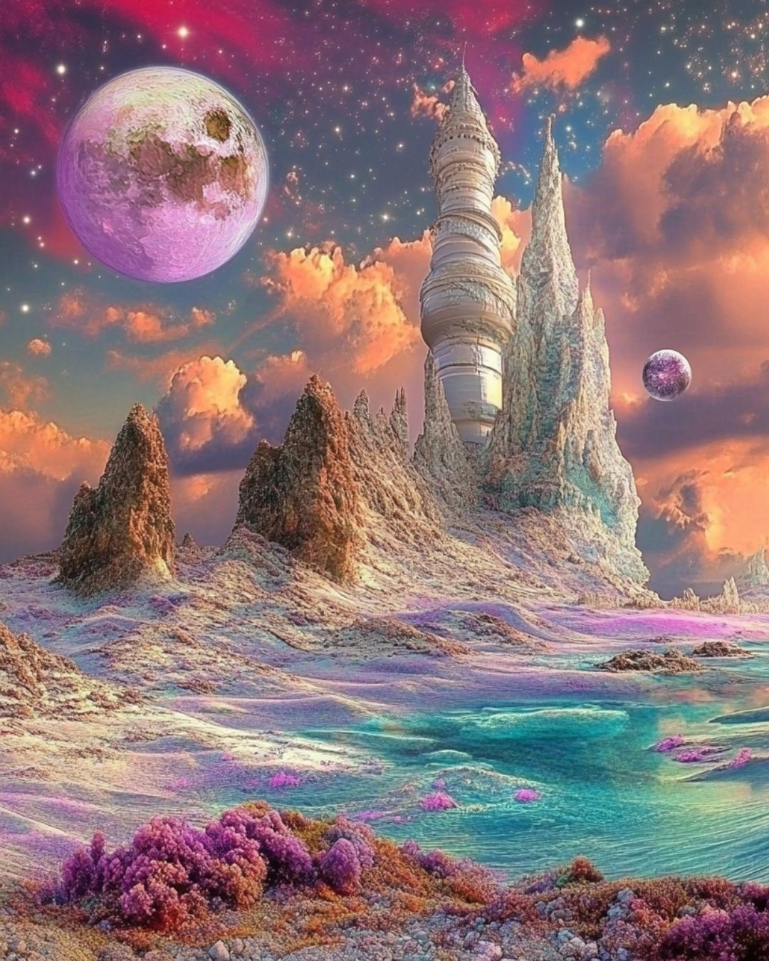 Dreamlike cosmic landscape with glowing planets, sacred towers, colorful skies, and crystal waters representing multidimensional consciousness, spiritual exploration, and universal energy.
