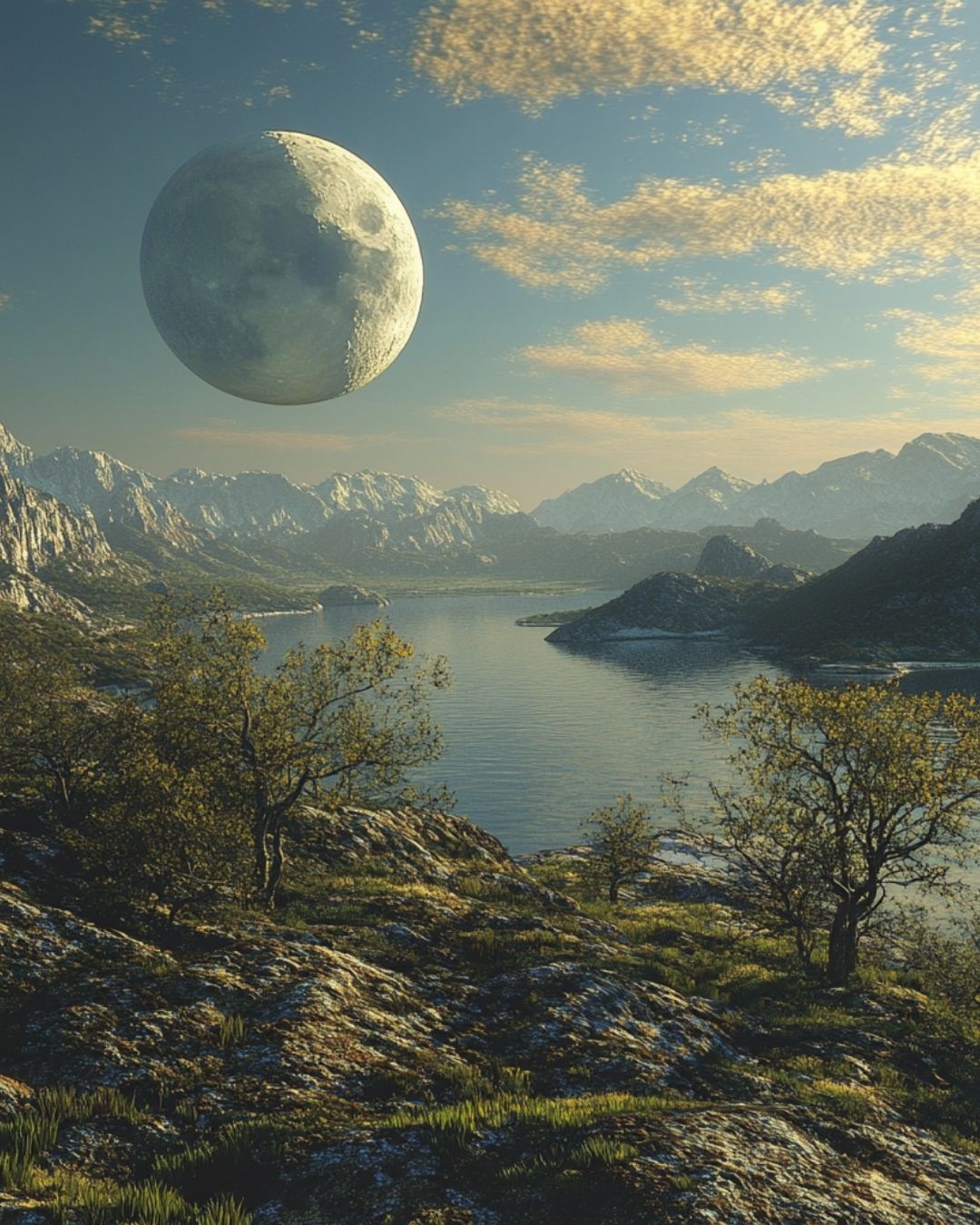 Peaceful mountain and lake landscape beneath a massive moon in the sky, representing serenity, reflection, universal balance, and connection to higher realms.