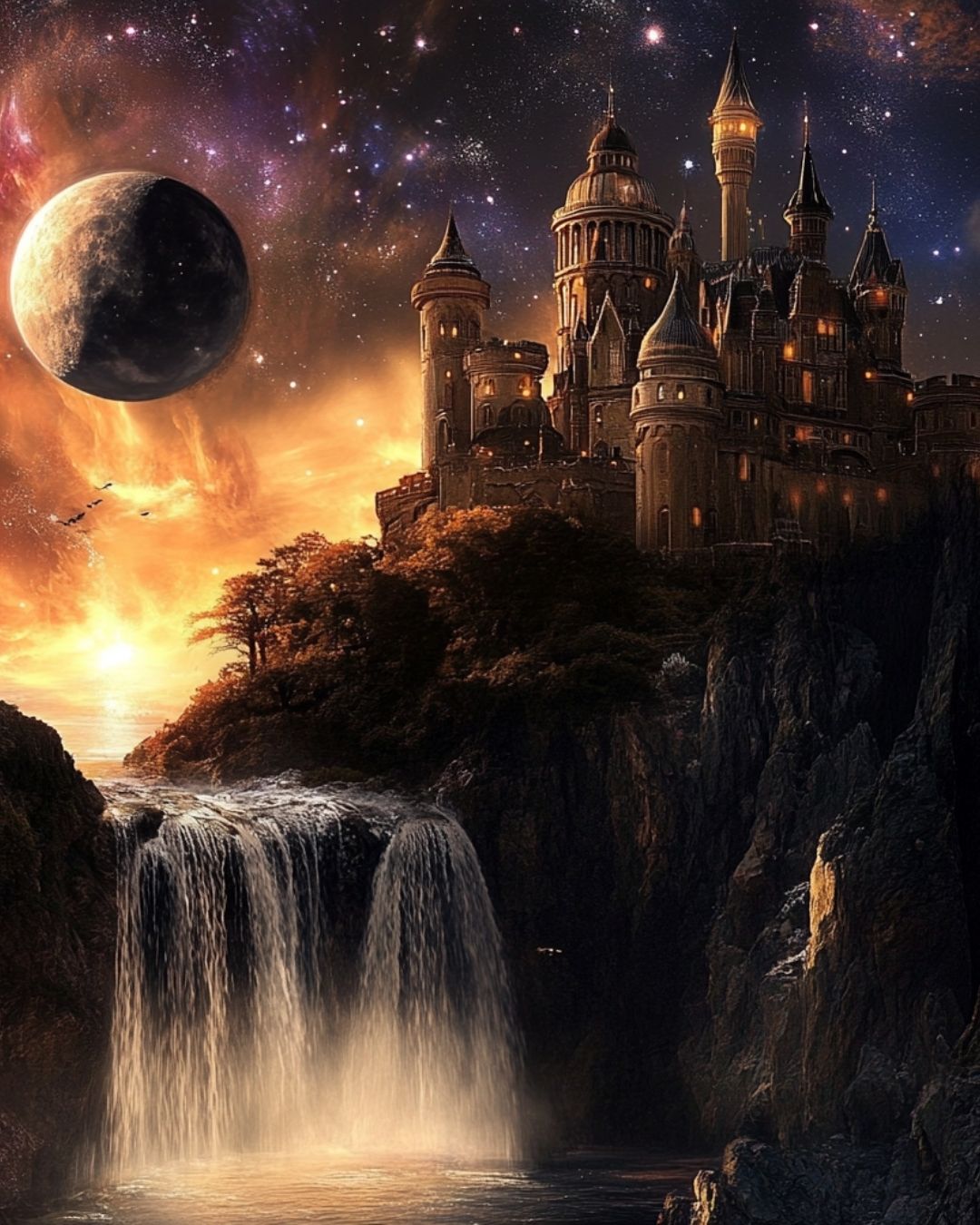 Mystical castle overlooking a glowing waterfall beneath a star-filled sky and giant planet, symbolizing spiritual awakening, ascension, hidden realms, and cosmic transformation.