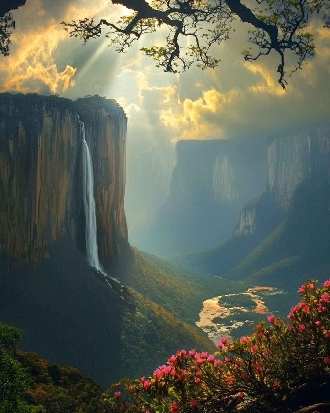 Majestic waterfall flowing through a lush mountain valley with golden sunlight and vibrant flowers representing peace, natural beauty, spiritual harmony, and Divine creation.