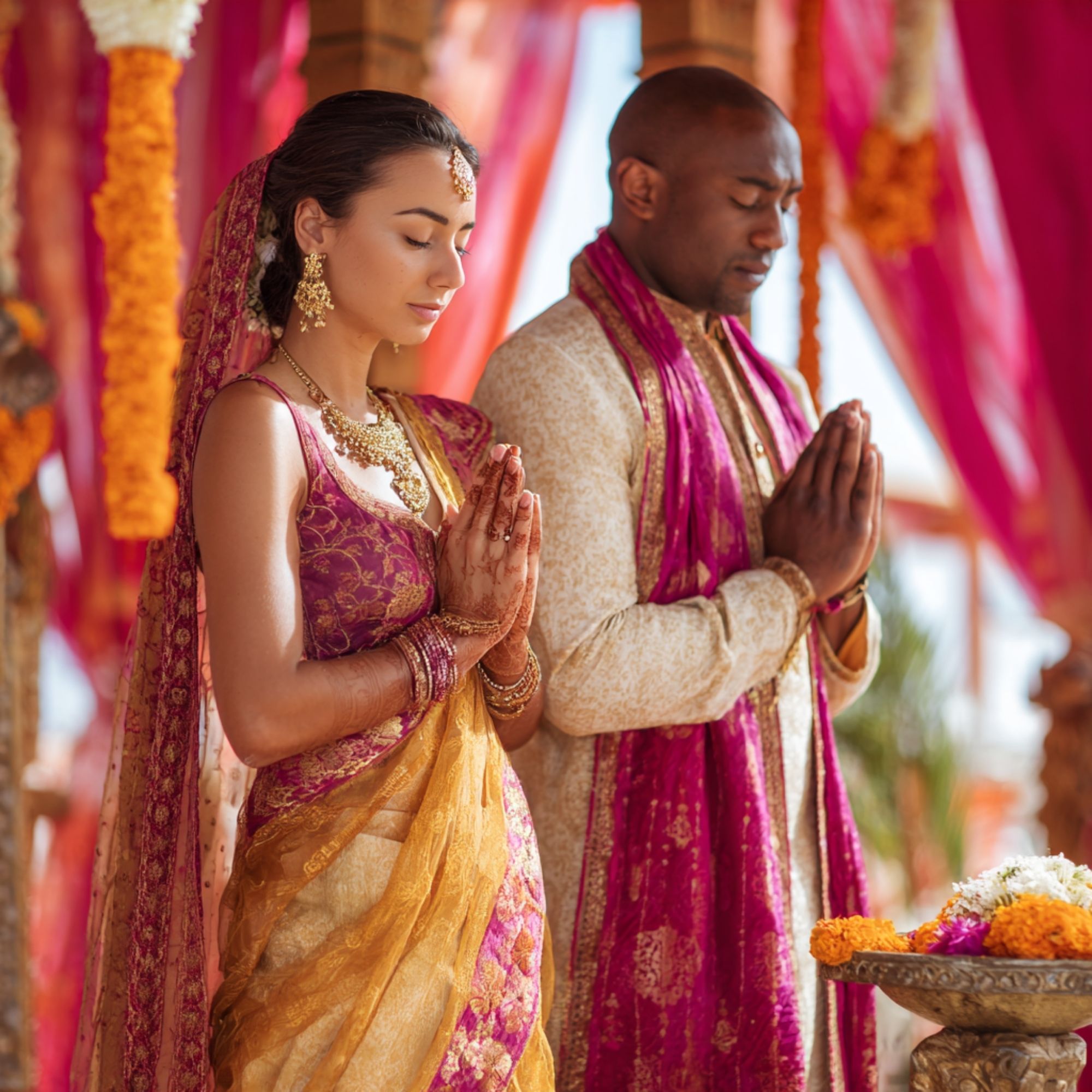 Man and woman in ceremonial attire offering prayer during a sacred preparation ritual for Divine Conception and conscious family creation.
