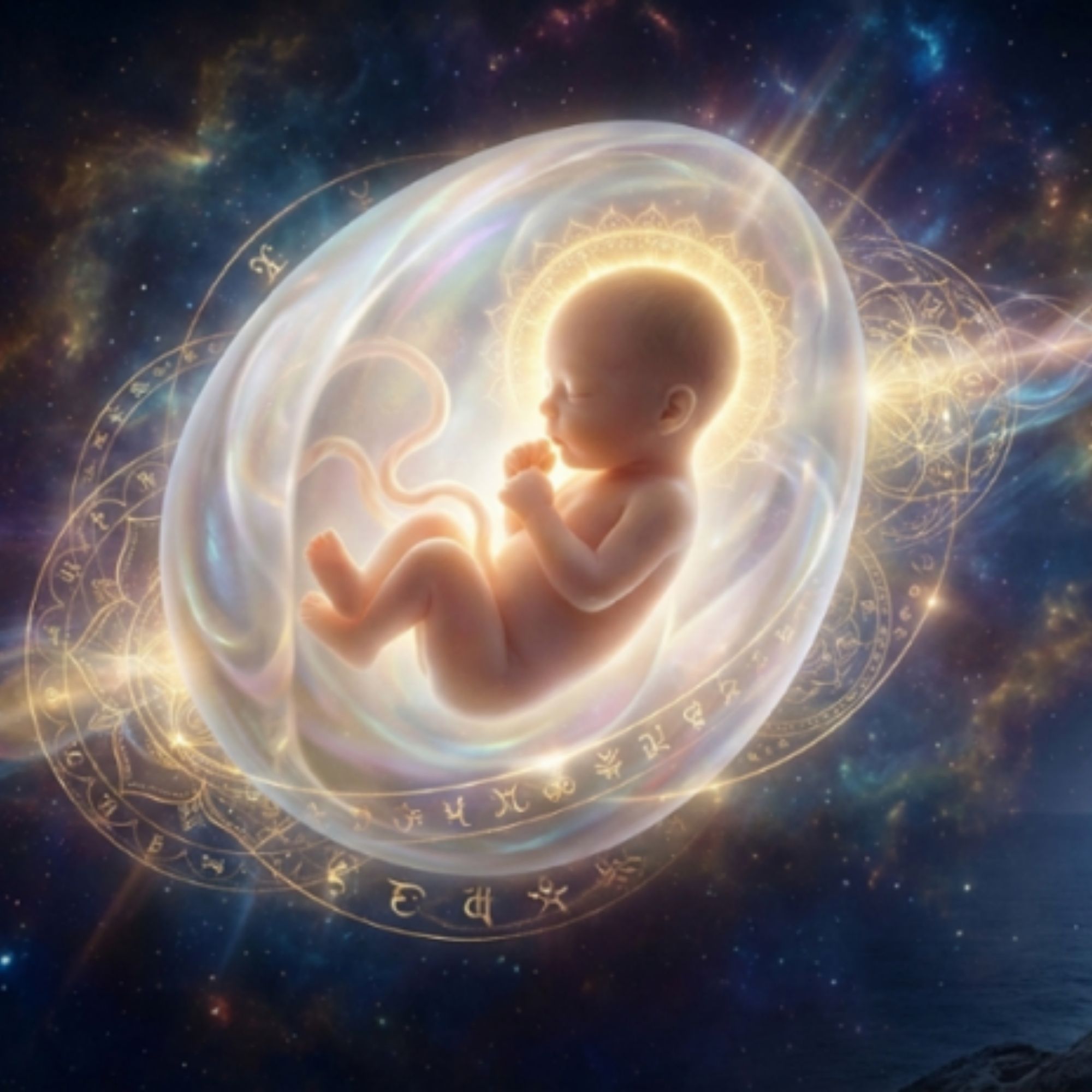 Sacred cosmic image of an unborn child representing The Holy Ritual of Love, Divine Conception, and co-creation with God.