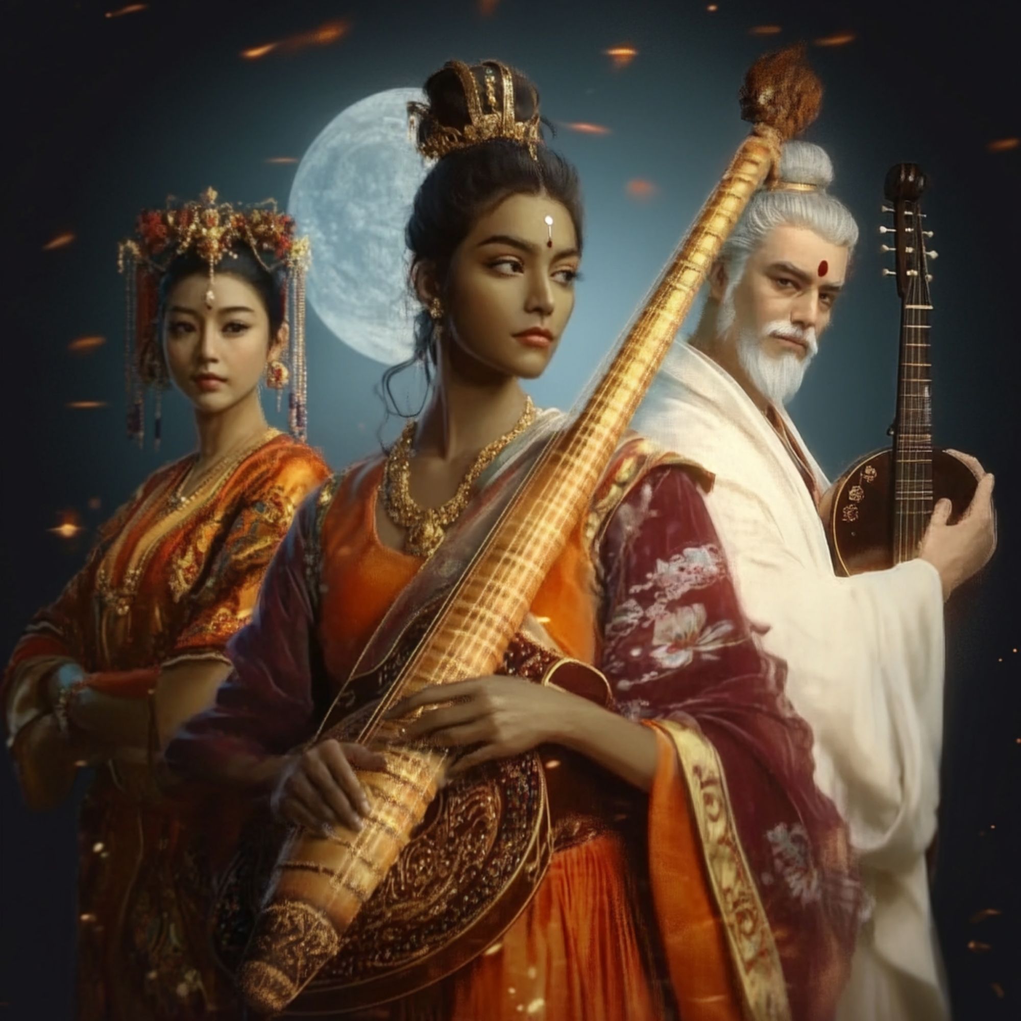 Three individuals in elegant ceremonial attire holding traditional string instruments, symbolizing culture, refinement, and artistic expression.