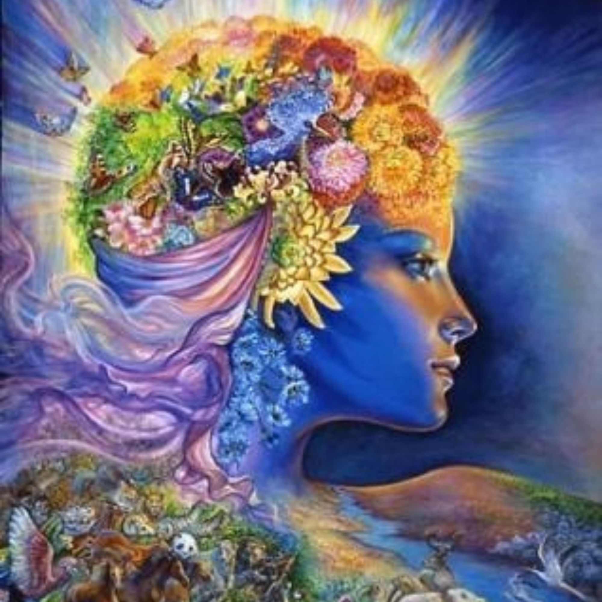Mystical illustration of a feminine profile filled with flowers and sacred imagery, symbolizing mental conditioning, spiritual awakening, and Divine Consciousness.