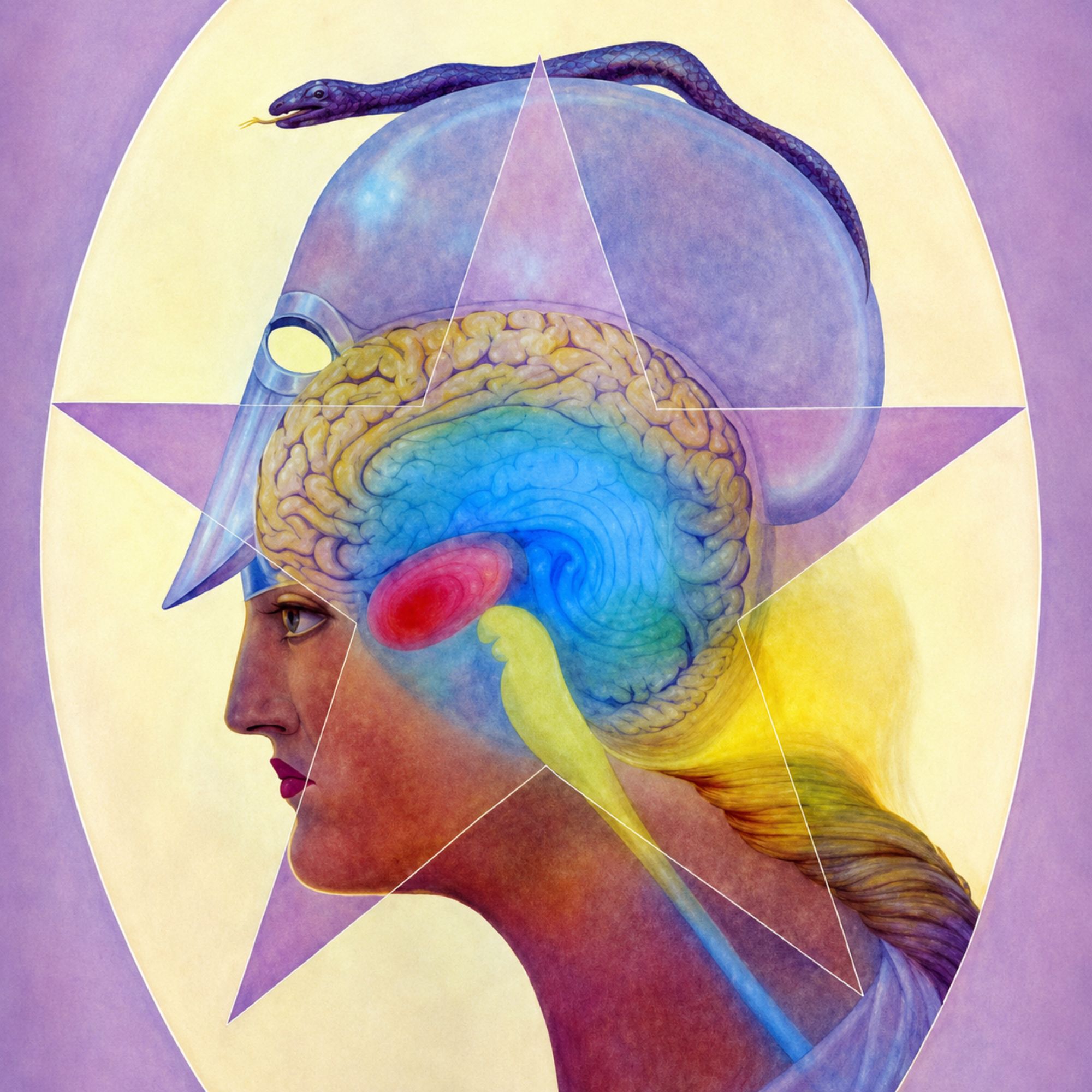 Mystical illustration of a human profile with illuminated brain imagery and sacred geometry, symbolizing the 'I AM' Magic Presence, higher consciousness, and spiritual transformation.