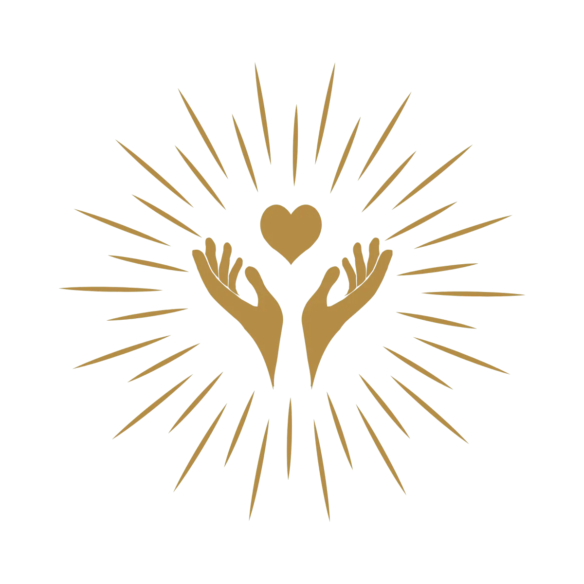 Gold hands holding a radiant heart symbolizing healing, compassion, emotional support, love, transformation, and spiritual care.